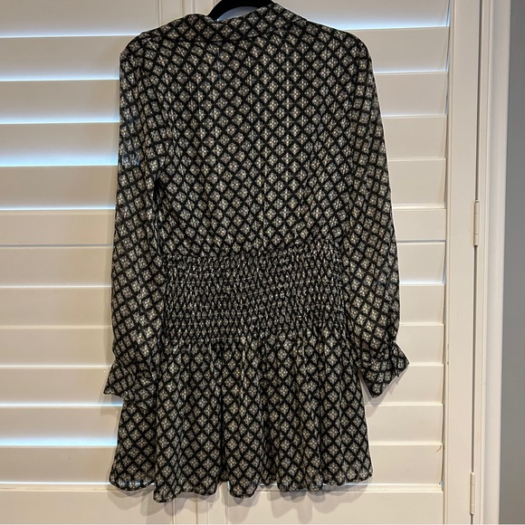 Zara Smocked Ruffle V Neck Mini Dress Long Sleeved Metallic Thread Black - Picture 6 of 6